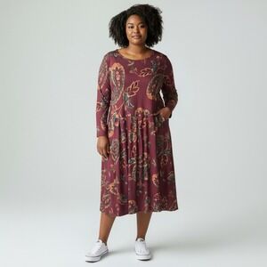 24 Seven Midi Dress Burgundy Floral Fairy Bohemian Fall Winter‎ 2X NWT Retro